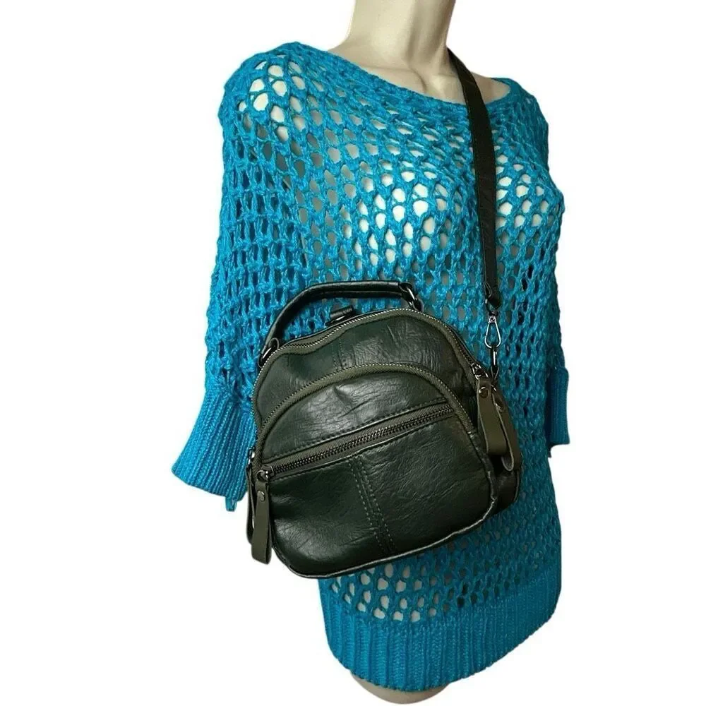 Mini Green Backpack Crossbody Convertible Bag Multi Pocket Faux Leather